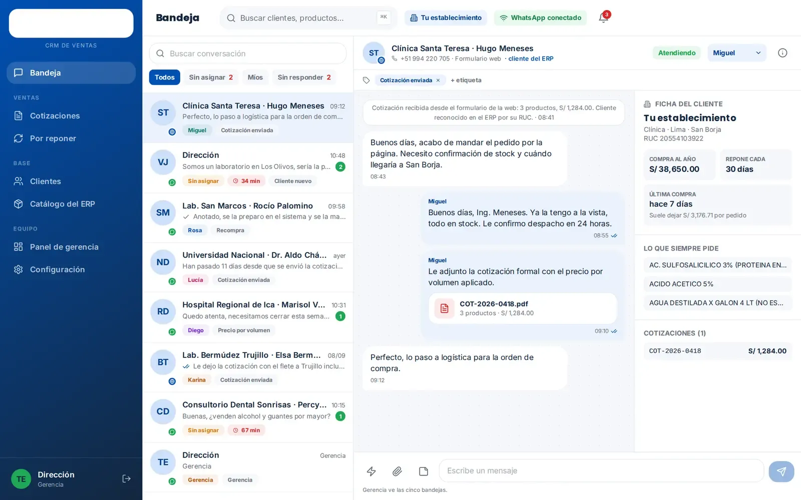 Sistema para crm comercial desarrollado por Medik Agency, con datos ficticios